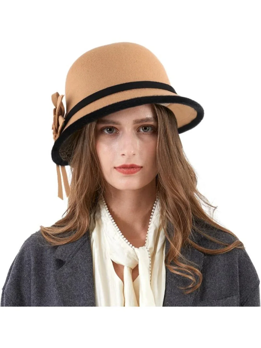 Vintage Wool Felt Bucket Hat for Women - Cloche Fedora Winter Bowler with Bow